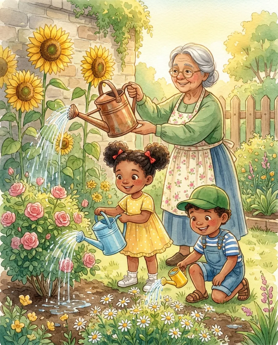 Watercolor scene: Mira, Theo, and Grandma Rosa watering pink roses, sunflowers, and daisies together in the garden.