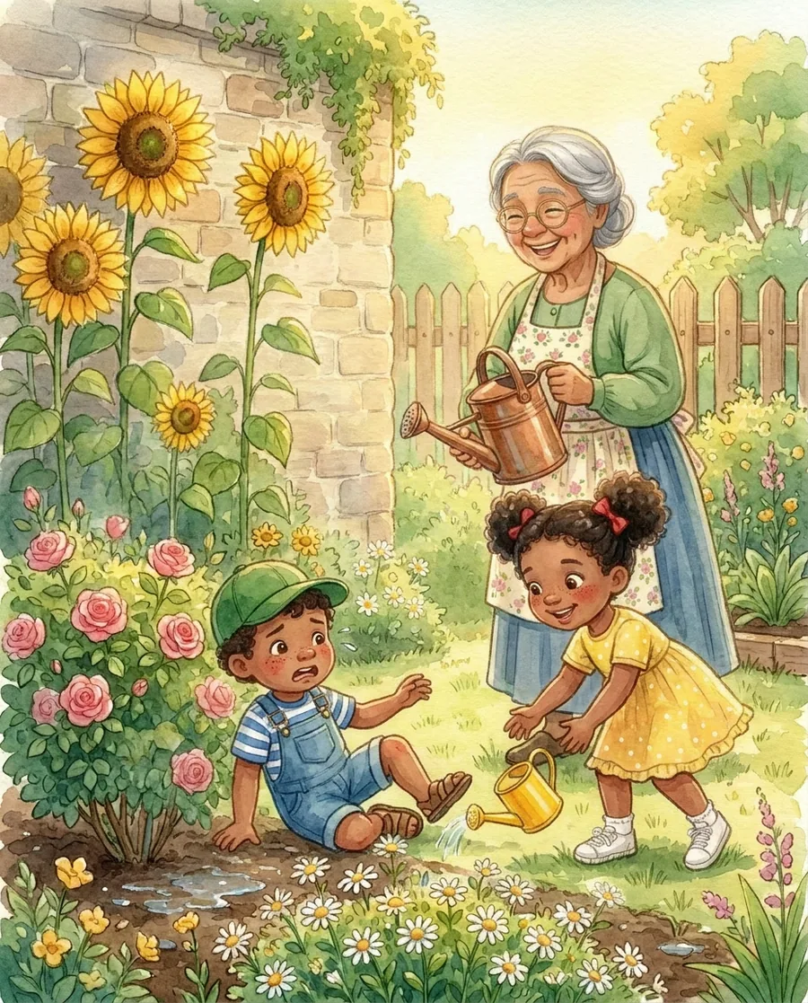 Watercolor scene: Theo has tripped and sits on the garden path as his tiny yellow watering can rolls away, Mira reaches for it, and Grandma Rosa laughs kindly.