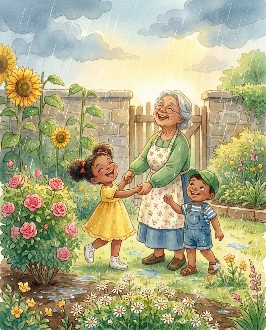Watercolor scene: the three characters twirl and laugh together in warm summer rain among the bright, revived flowers.
