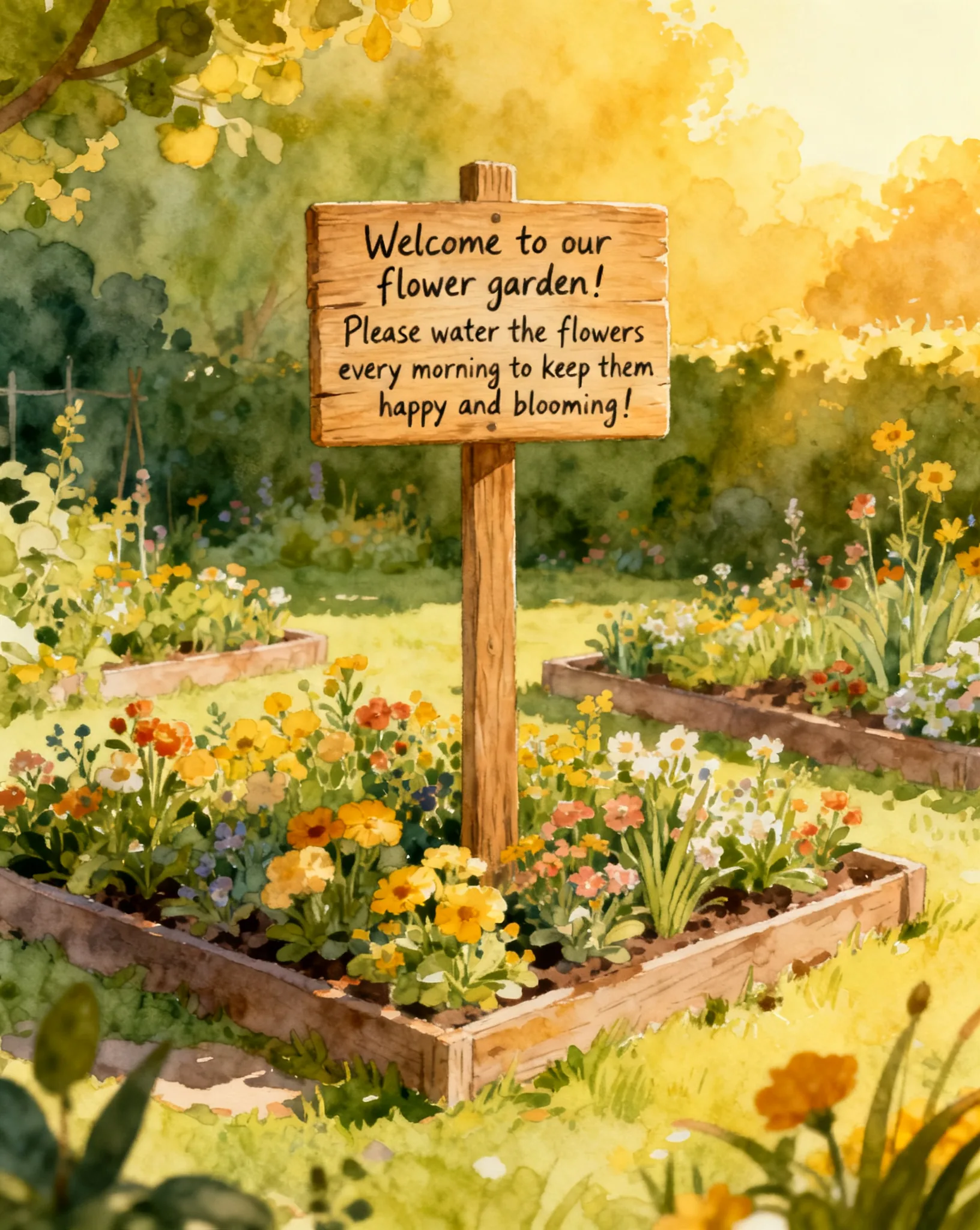 Watercolor garden scene with a wooden signpost reading 'Welcome to our flower garden! Please water the flowers every morning to keep them happy and blooming!' in clean, legible handwriting.