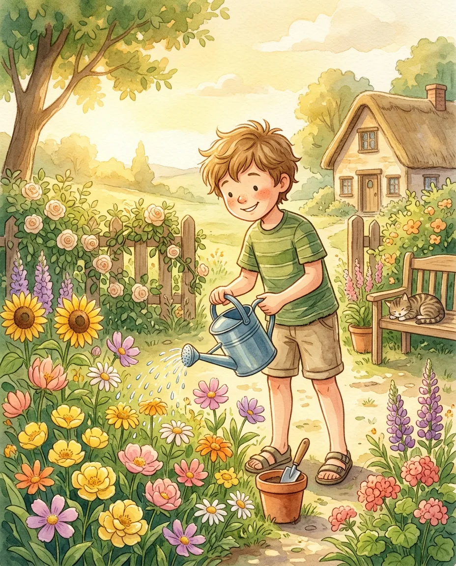 Watercolor illustration of a boy with tousled brown hair in a green striped shirt watering flowers in a cottage garden.