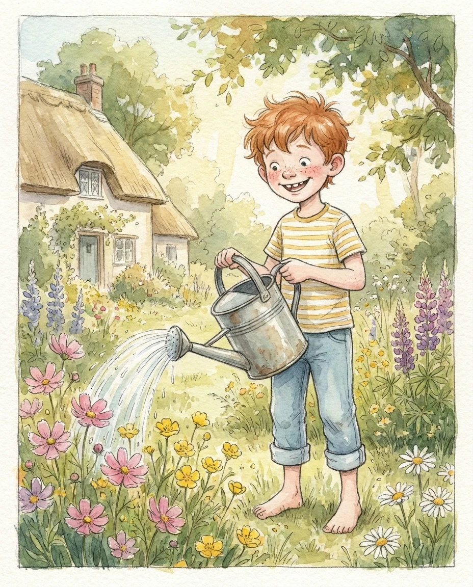Watercolor illustration of a different boy with curly ginger hair and freckles in a yellow striped shirt and rolled-up jeans, barefoot, watering flowers in a garden.
