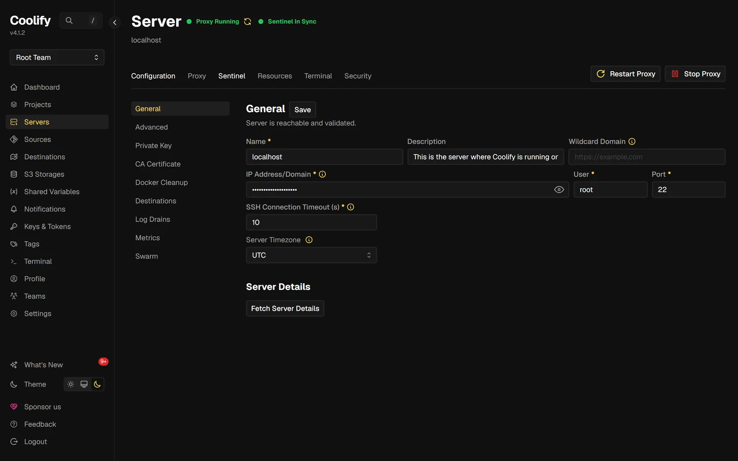 Coolify server configuration page showing Server is reachable and validated, with User set to root and Port set to 22.