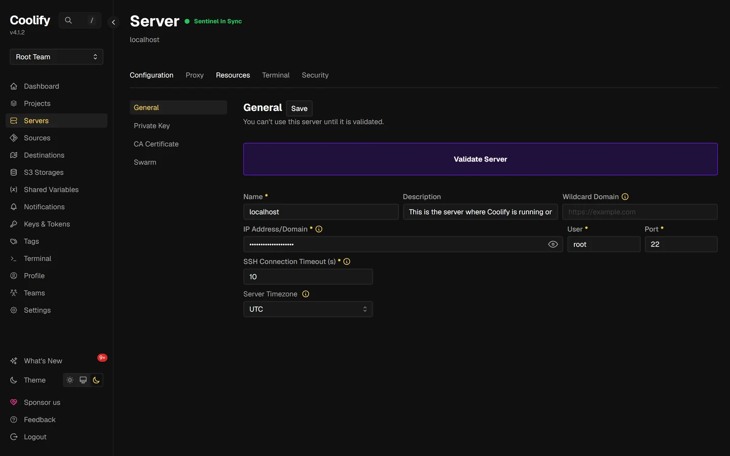 Coolify server page showing You can't use this server until it is validated, with a large Validate Server button.