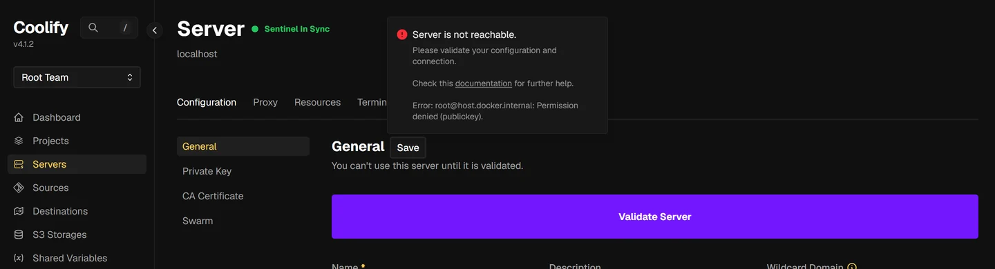 Coolify error toast reading: Server is not reachable. Please validate your configuration and connection. Error: root@host.docker.internal: Permission denied (publickey).