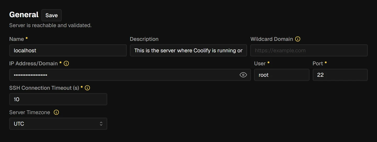 Coolify server General settings panel showing the Name, IP Address/Domain, User and Port fields, with User set to root and Port set to 22, and a Save button at the top.