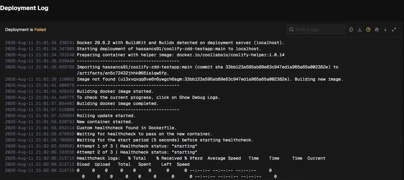 Coolify deployment log with status Deployment is Failed, showing 'Waiting for the start period (5 seconds) before starting healthcheck' and healthcheck attempts stuck at status starting
