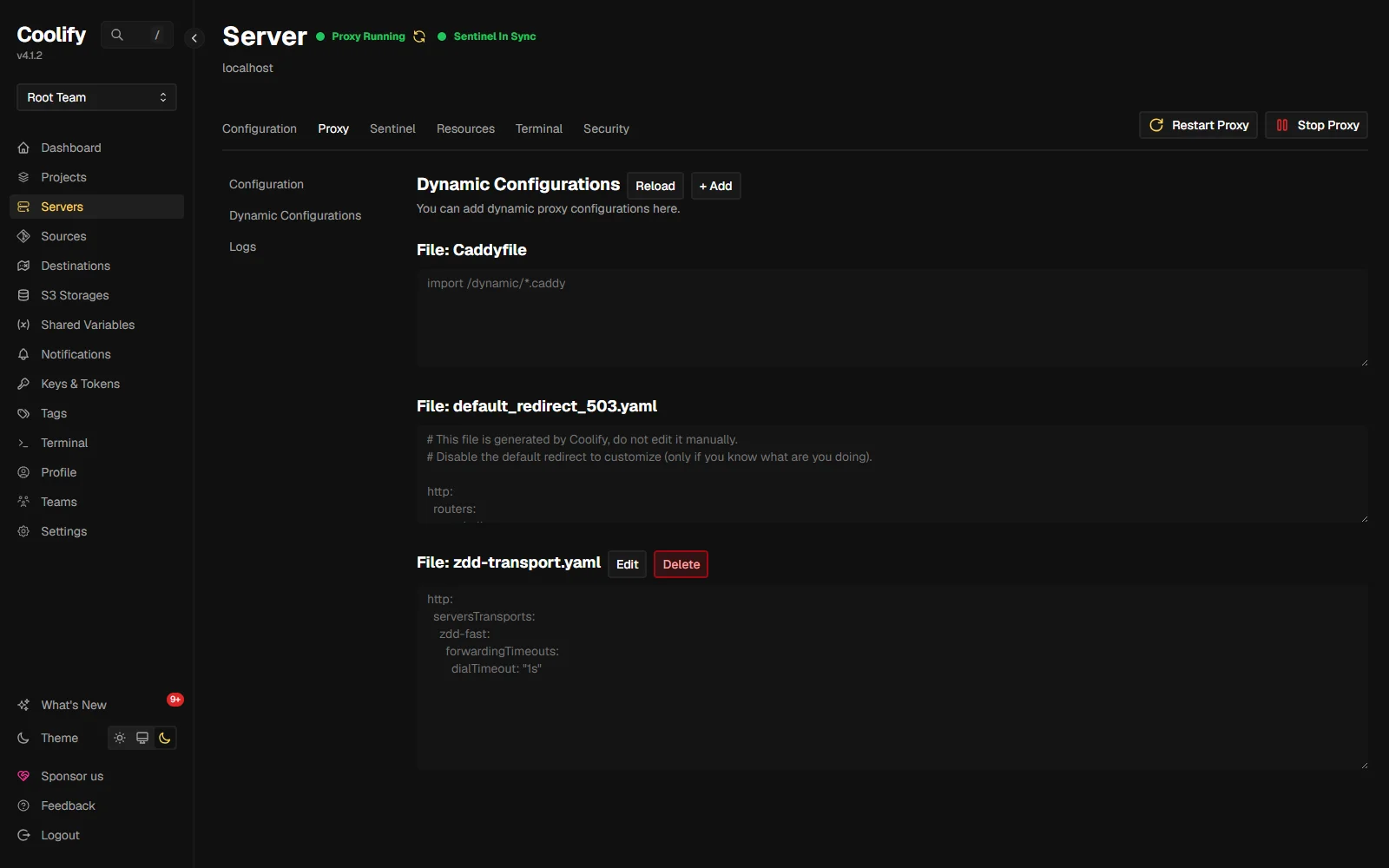 Coolify Servers Proxy Dynamic Configurations page showing the zdd-transport.yaml file with the serversTransports dialTimeout content