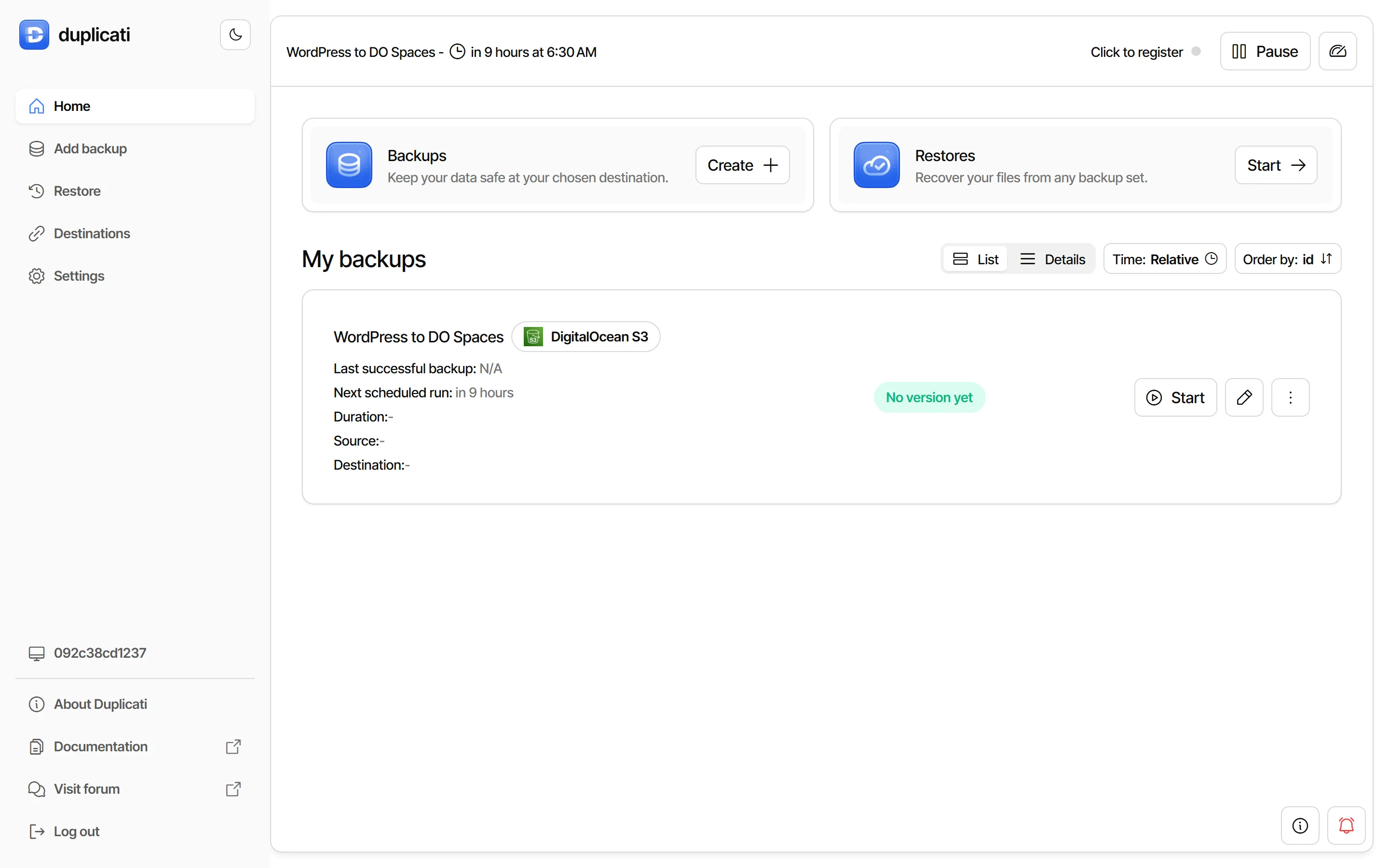 Duplicati web dashboard with a configured backup job named WordPress to DO Spaces, DigitalOcean S3 destination badge, next scheduled run in 9 hours