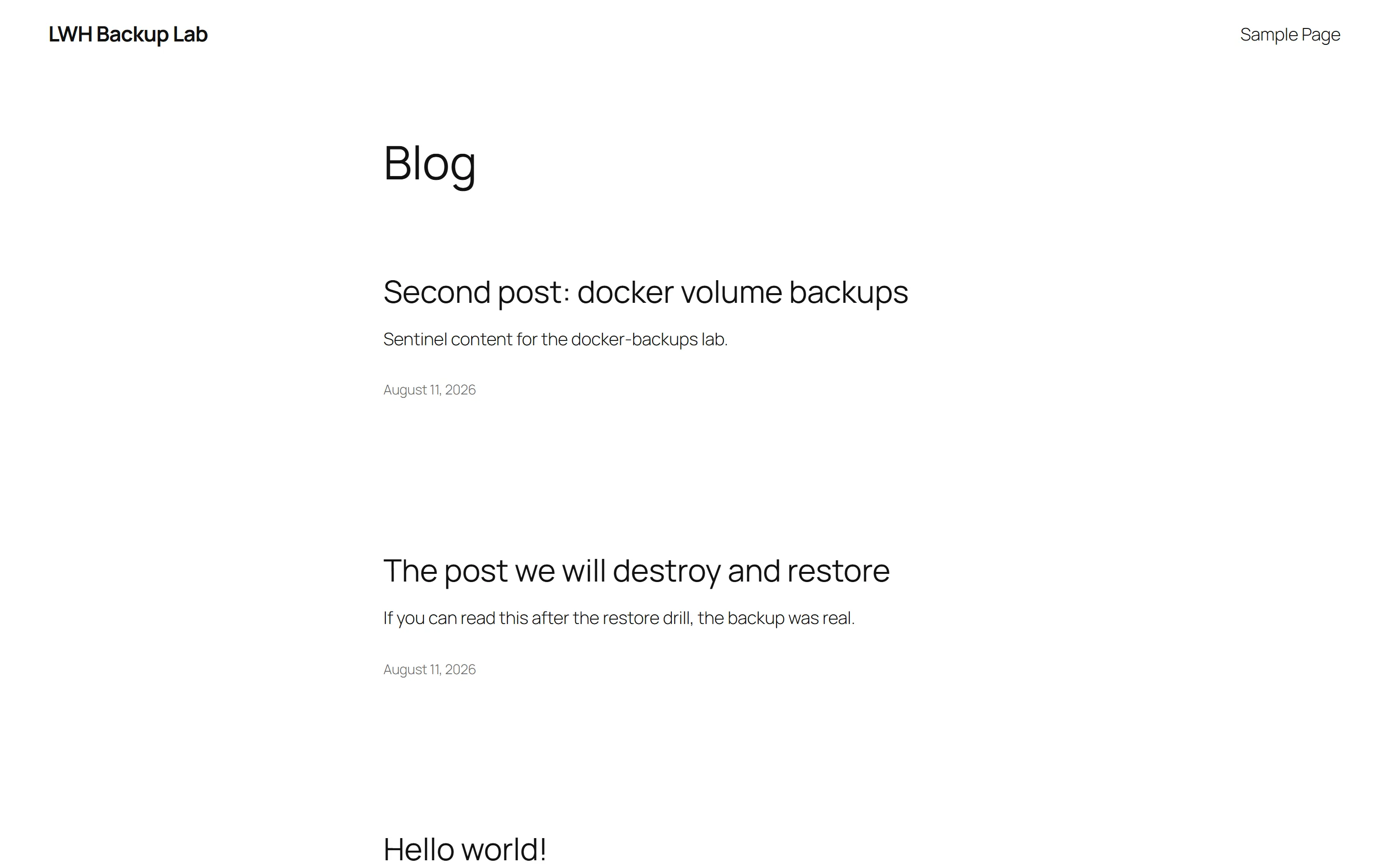 Restored WordPress blog showing the seeded posts including one titled The post we will destroy and restore
