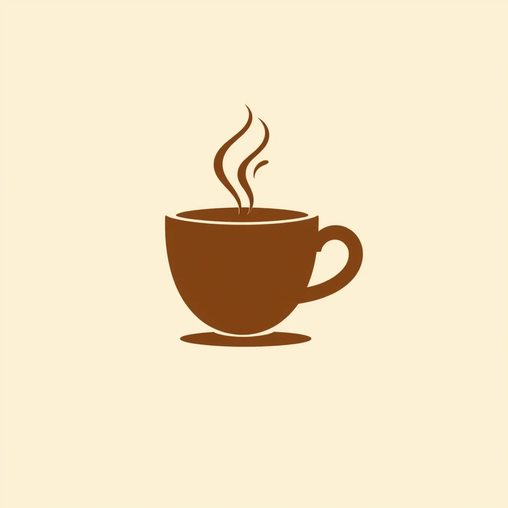AI-generated minimalist flat-vector logo of a steaming brown coffee cup centered on a cream background.