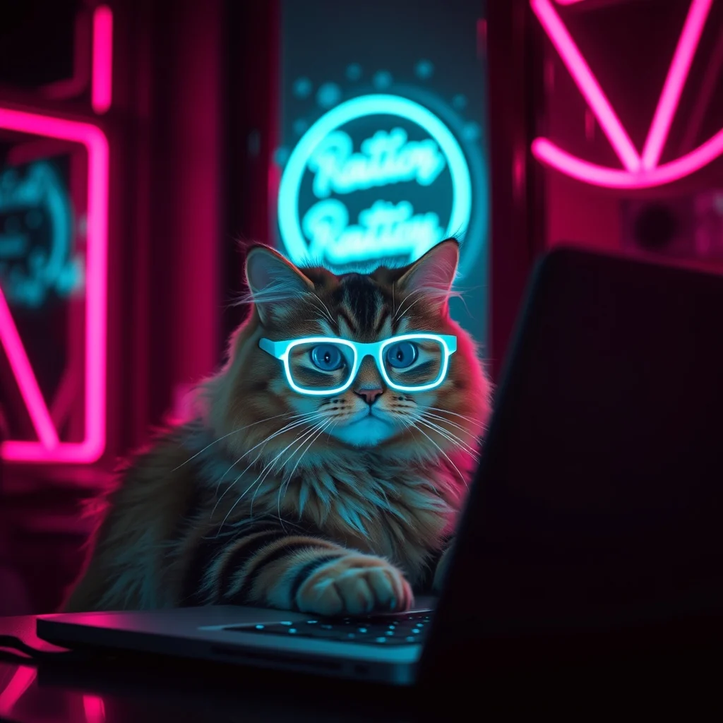 AI-generated photo of a fluffy tabby cat wearing glowing neon-rimmed glasses at a laptop, lit by pink and cyan neon signs; the neon sign text behind it is illegible gibberish.