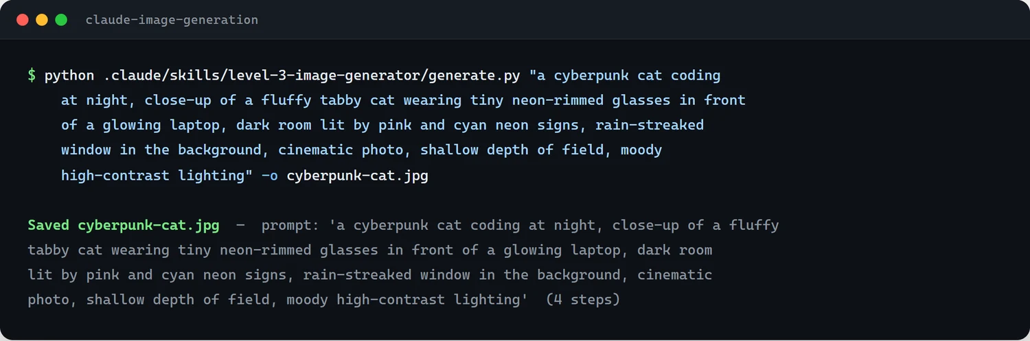 Terminal: generate.py called with the detailed cyberpunk-cat Flux prompt, printing 'Saved cyberpunk-cat.jpg' with the full prompt and 4 steps.