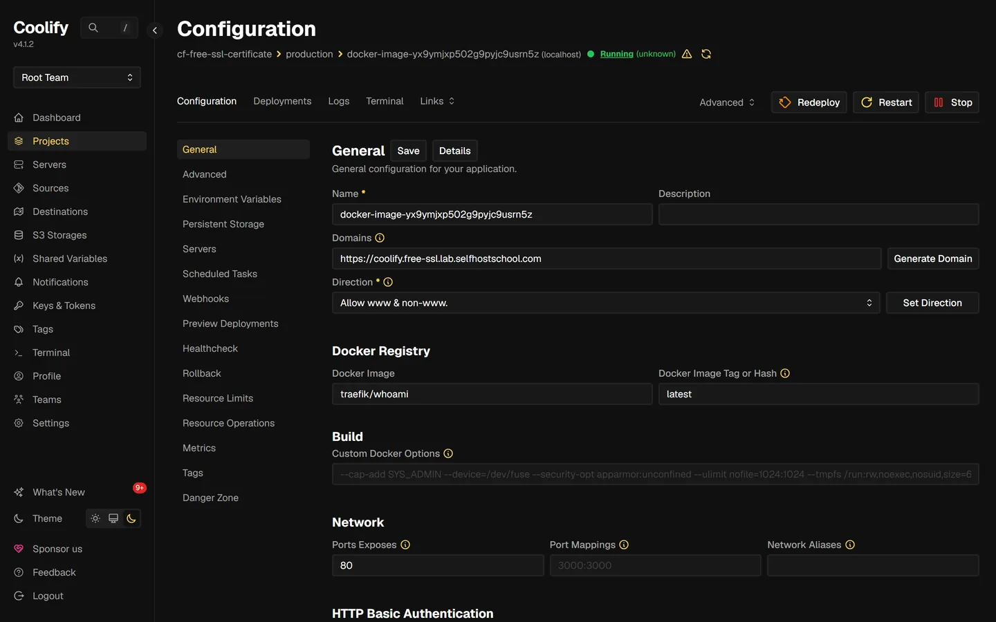 Coolify application configuration page with the Domains field set to https://coolify.free-ssl.lab.selfhostschool.com and status Running