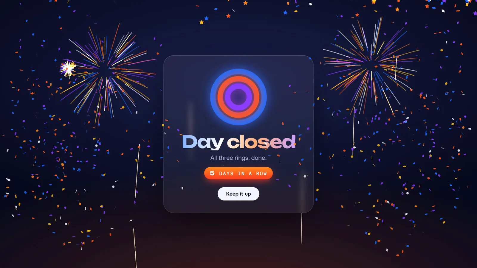 Claude's celebration covering the whole Rings app: a dark night sky full of fireworks and confetti around a card that says Day closed, all three rings done, 5 days in a row, with a Keep it up button.