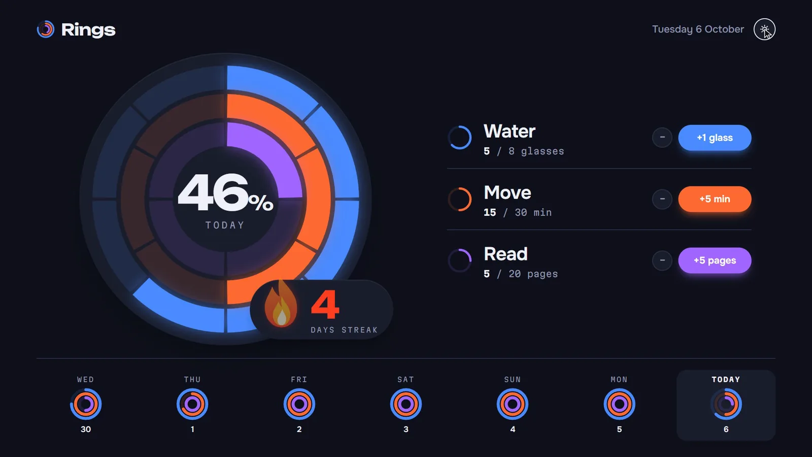 Rings in dark mode after git pull: a dark navy background, the same glowing rings and streak flame, and a new sun icon toggle in the header next to the date.