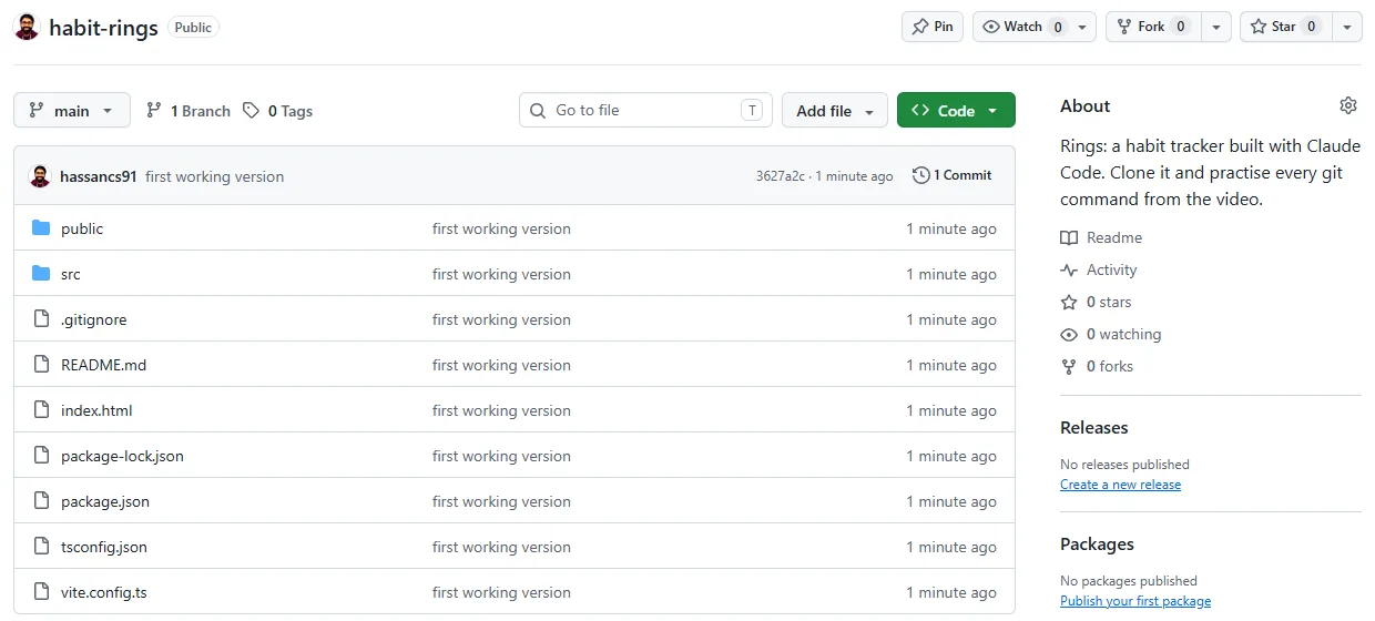 The habit-rings repo page on GitHub right after the first push: 1 commit called first working version, a file list with .gitignore, README.md, index.html, package.json and the src folder, and no .env file anywhere.