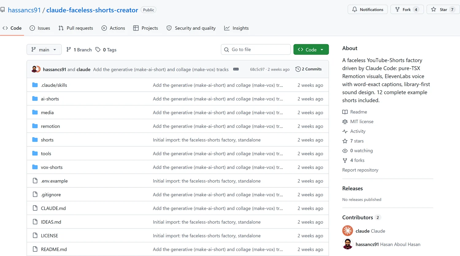 The public GitHub page for hassancs91/claude-faceless-shorts-creator, showing the green Code button and the top-level folders: .claude/skills, ai-shorts, media, remotion, shorts, tools and vox-shorts
