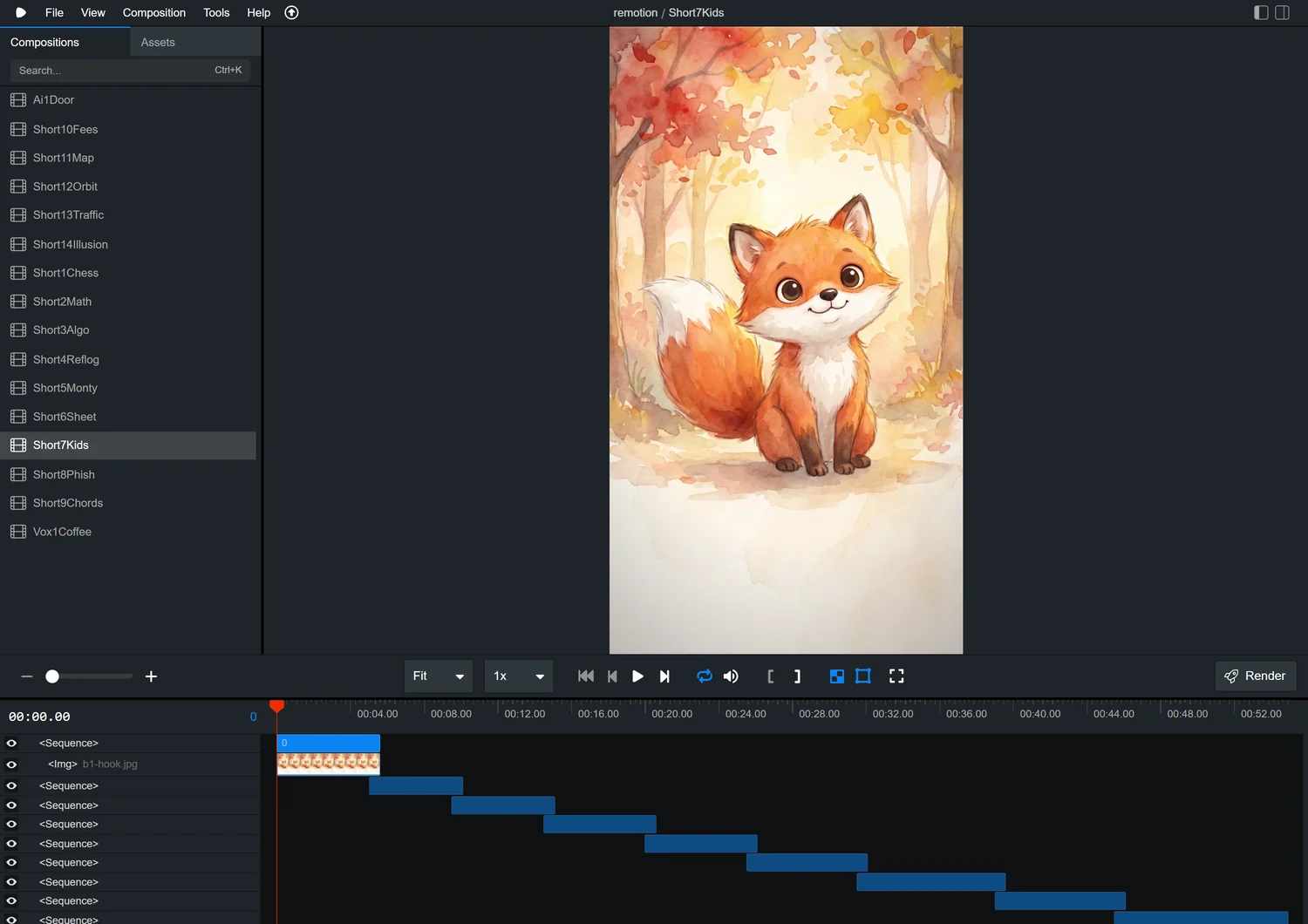 Remotion Studio in the browser, sixteen compositions listed down the left sidebar, the Little Pip watercolour fox rendering in the preview, and the timeline at the bottom showing stacked Sequence layers staggered across the 55 second short