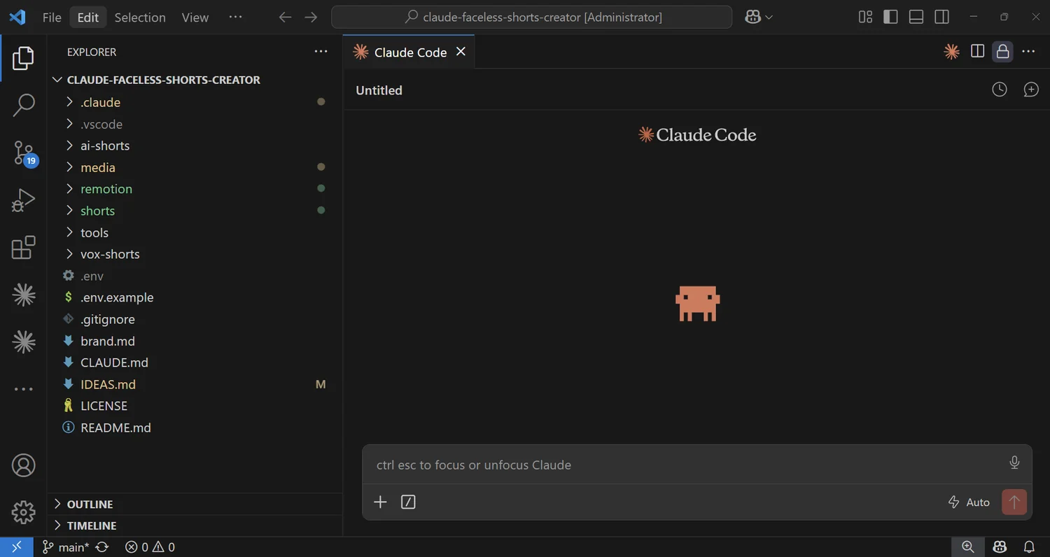 Close-up of VS Code after File then Open Folder: the project folders .claude, ai-shorts, media, remotion, shorts, tools and vox-shorts in the Explorer, with the Claude Code panel open beside them