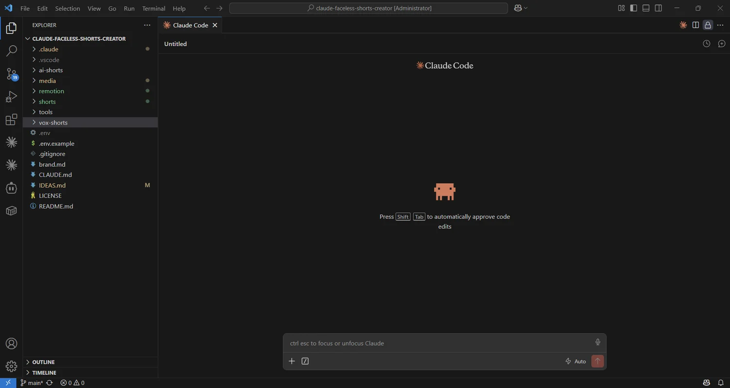 VS Code with the Claude Code extension open: the claude-faceless-shorts-creator folders in the Explorer on the left, and the Claude Code chat panel on the right with its prompt box waiting