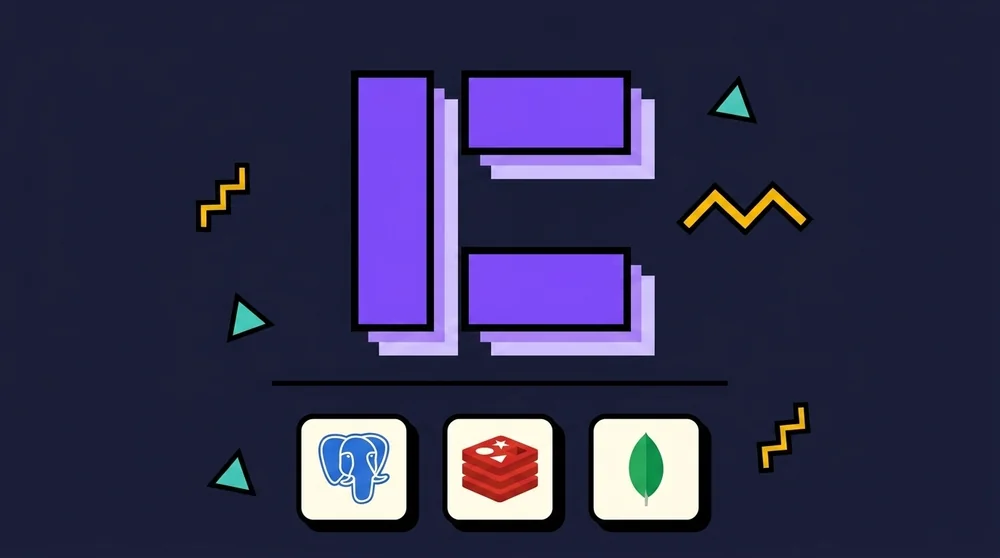 Memphis-style Coolify C-logo with Postgres, Redis, and MongoDB database tiles