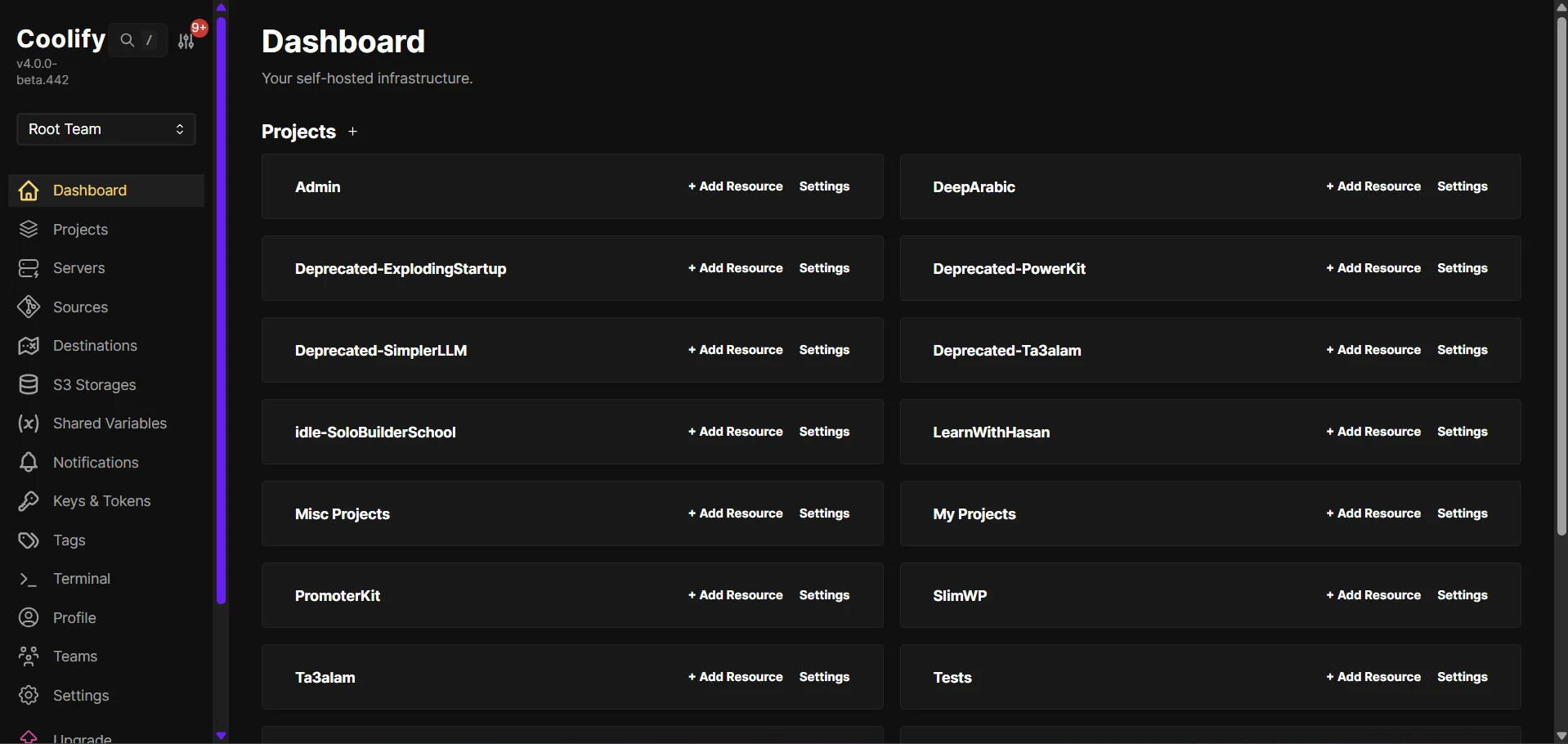 Coolify v4 dashboard showing a list of projects on a self-hosted instance.