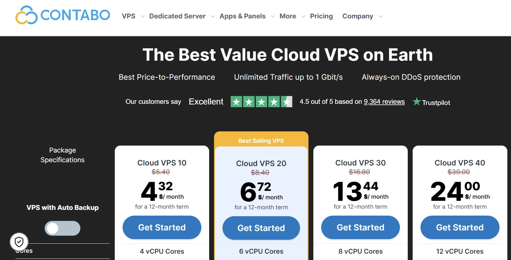 Contabo Cloud VPS pricing page showing the Cloud VPS 10, 20, 30, and 40 plans.