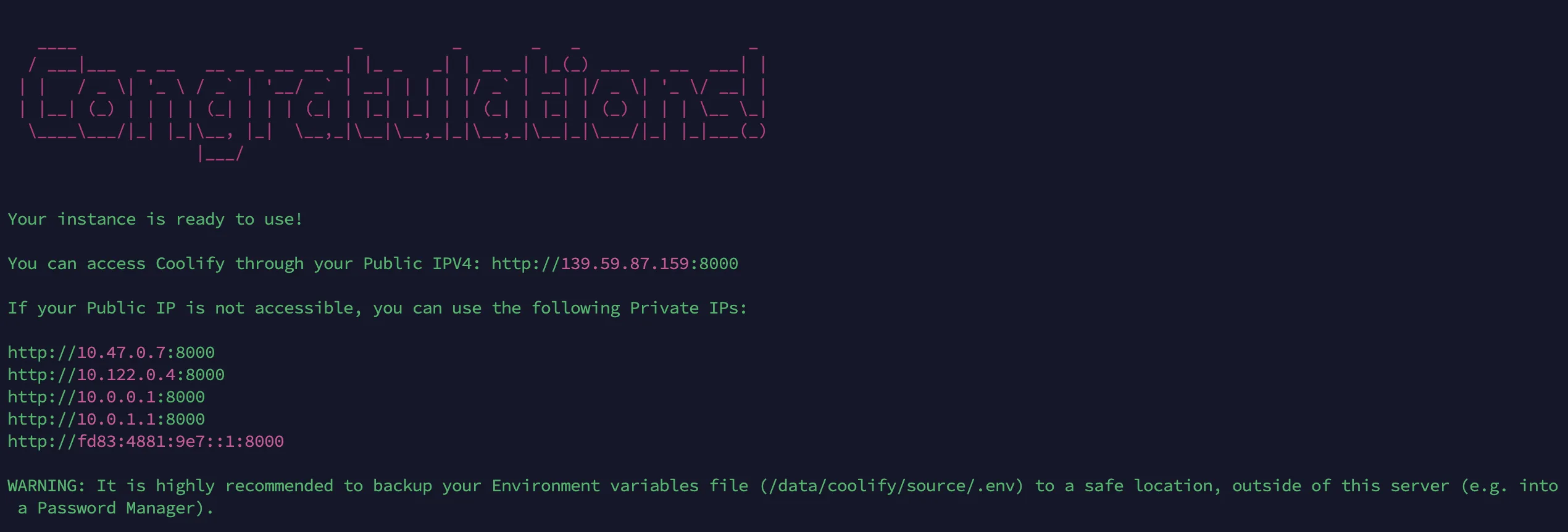Terminal output: Coolify install script finished with 'Your instance is ready to use!' and the public IPv4 dashboard URL.