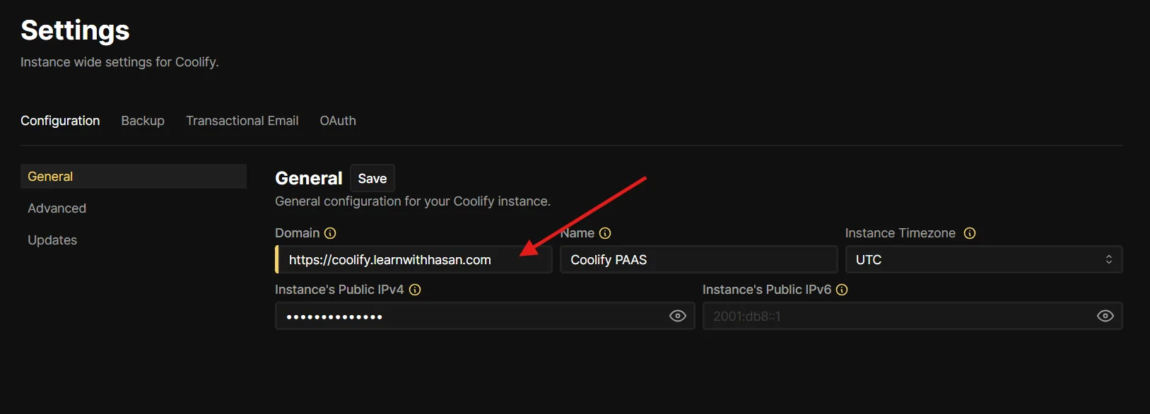 Coolify Settings page with a custom domain (https://coolify.learnwithhasan.com) entered in the Domain field.