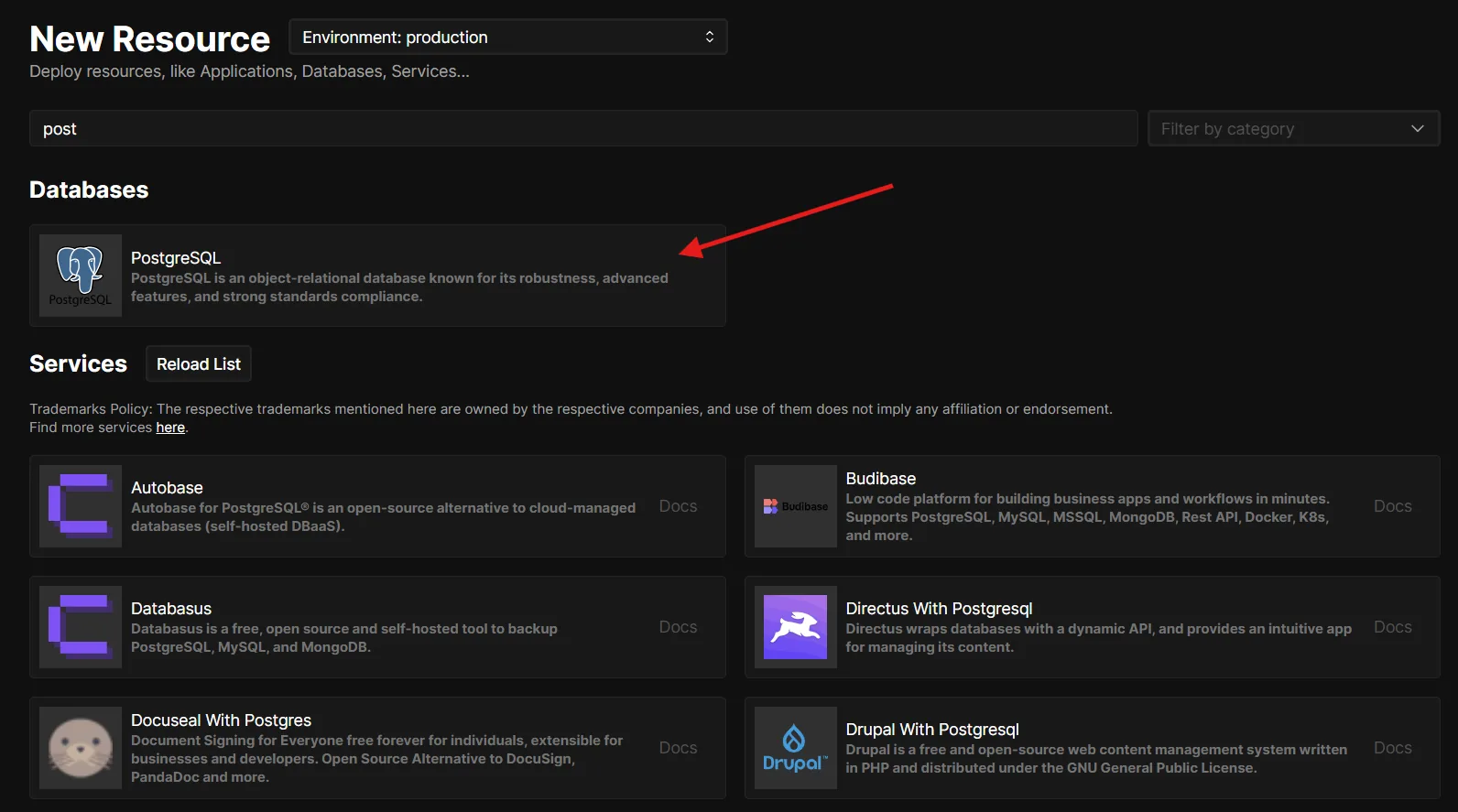 Coolify 'New Resource' picker with PostgreSQL highlighted under the Databases section.