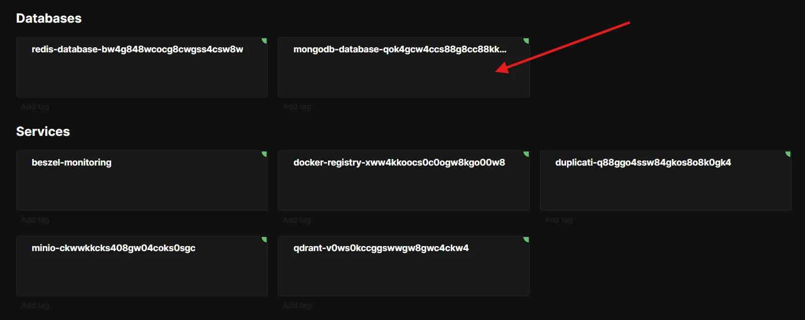 Coolify project view showing Redis and MongoDB databases up and running alongside other services.