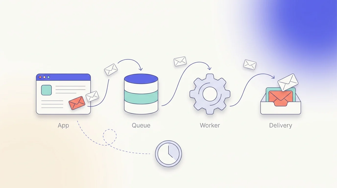 Architecture diagram: mautic_web enqueues an email into the MariaDB Doctrine queue, mautic_worker drains it and sends through SMTP to the recipient, while mautic_cron ticks in the background firing scheduled campaigns and segment rebuilds.