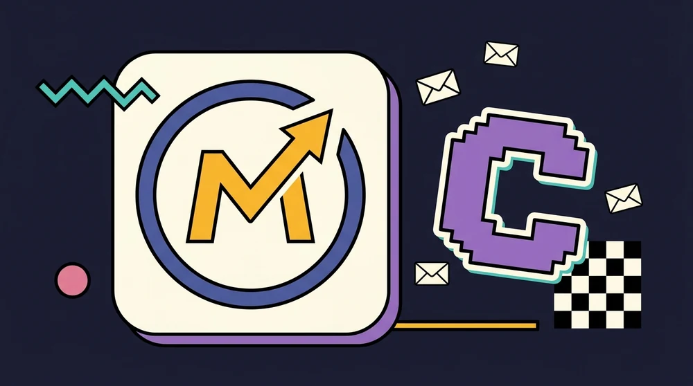 Memphis-style marketing funnel illustration with Coolify C-logo — install Mautic on Coolify