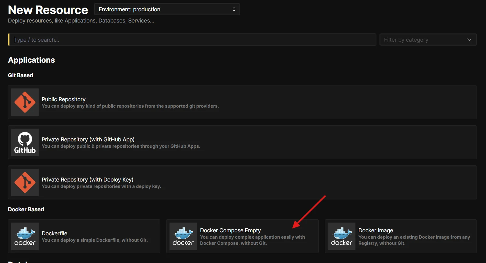 Coolify new-resource page showing the catalog of resource types. The Docker Compose Empty option is highlighted.