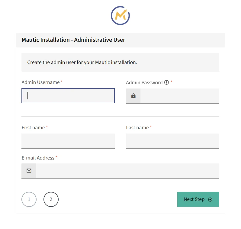 Mautic installation wizard step 2: Administrative User form, asking for admin username, password, first name, last name, and email address.