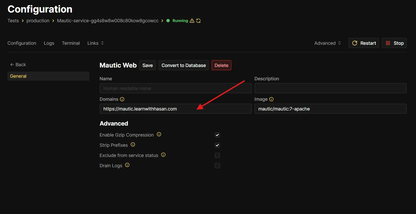Coolify Mautic Web service configuration on the General tab, with the Domains field set to https://mautic.learnwithhasan.com and a red arrow pointing to it.