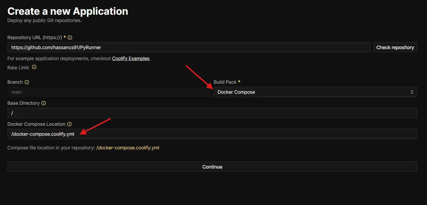 Coolify 'Create a new Application' form: Repository URL filled with the PyRunner repo, Branch set to main, Build Pack set to Docker Compose, Docker Compose Location set to /docker-compose.coolify.yml.