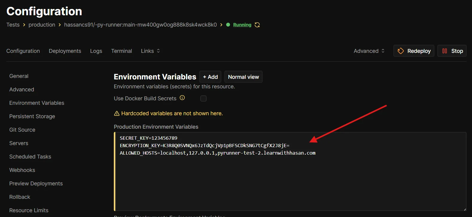Coolify Environment Variables tab in Developer view showing the three variables pasted into the Production Environment Variables textarea: SECRET_KEY, ENCRYPTION_KEY, and ALLOWED_HOSTS.
