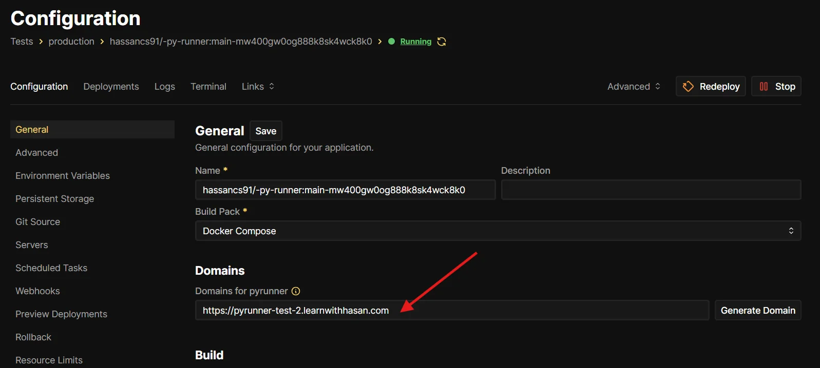 Coolify Configuration page with the 'Domains for pyrunner' field filled in with an https URL, and a Generate Domain button on the right.