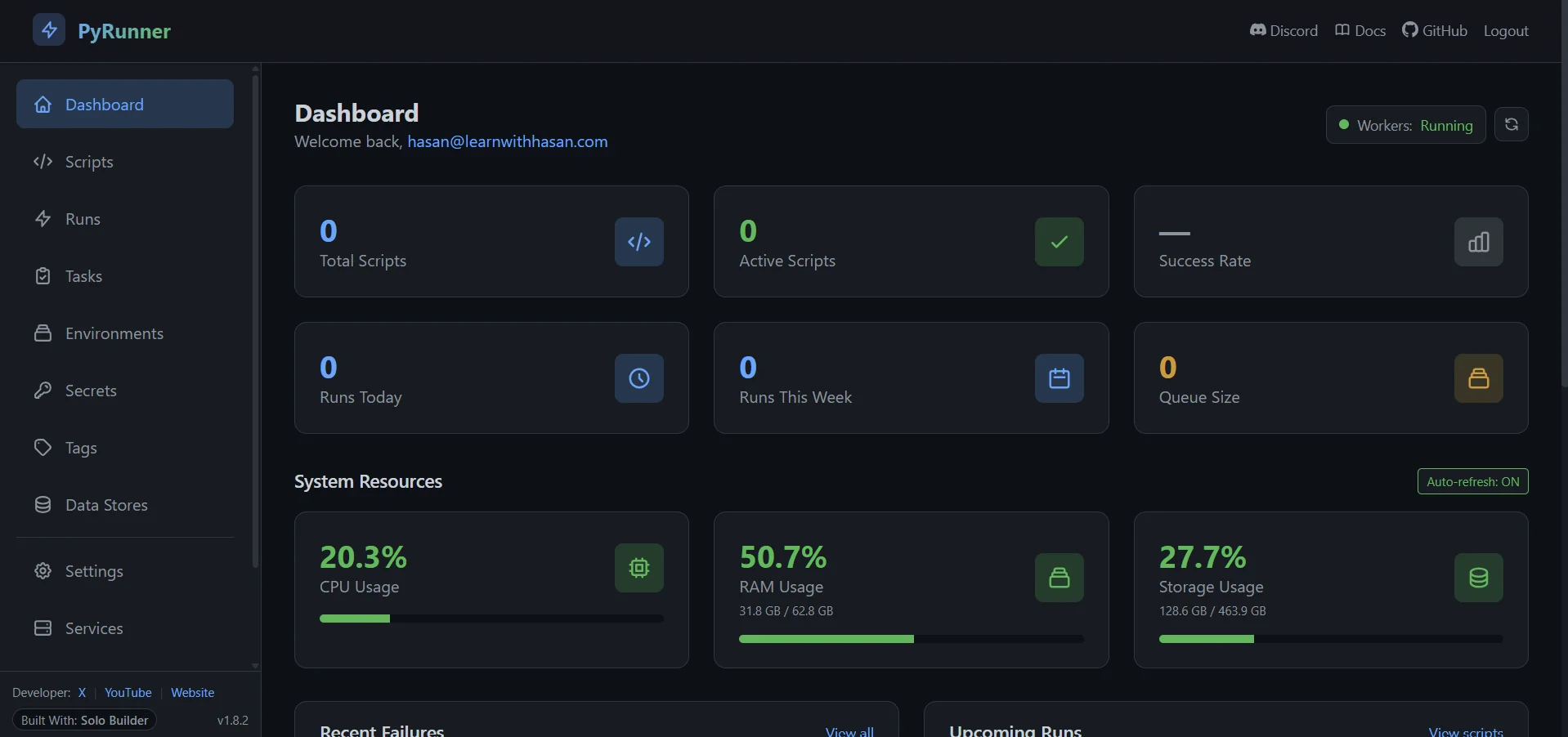 The PyRunner dashboard after login: dark theme with a green accent, sidebar listing Dashboard / Scripts / Runs / Tasks / Environments / Secrets / Tags / Data Stores / Settings / Services, and stat tiles for Total Scripts, Active Scripts, Success Rate, Runs Today, Runs This Week, Queue Size, plus a System Resources panel with CPU / RAM / Storage usage.