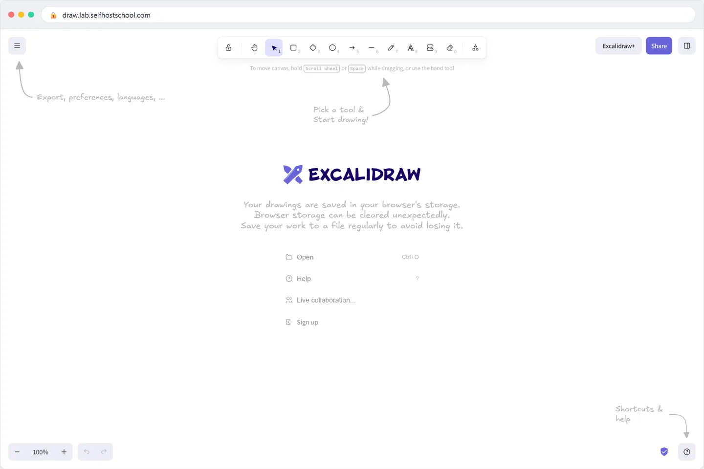 Excalidraw's whiteboard canvas served over HTTPS at draw.lab.selfhostschool.com, shown in a browser frame