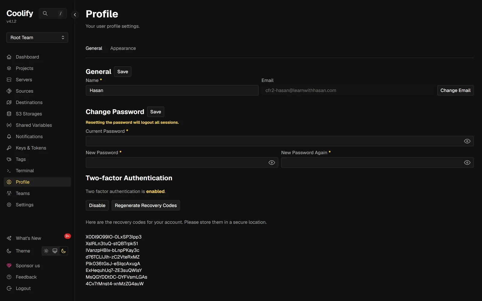 The Coolify Profile page after enabling two-factor authentication, showing the message 'Two factor authentication is enabled' and a list of eight one-time recovery codes.