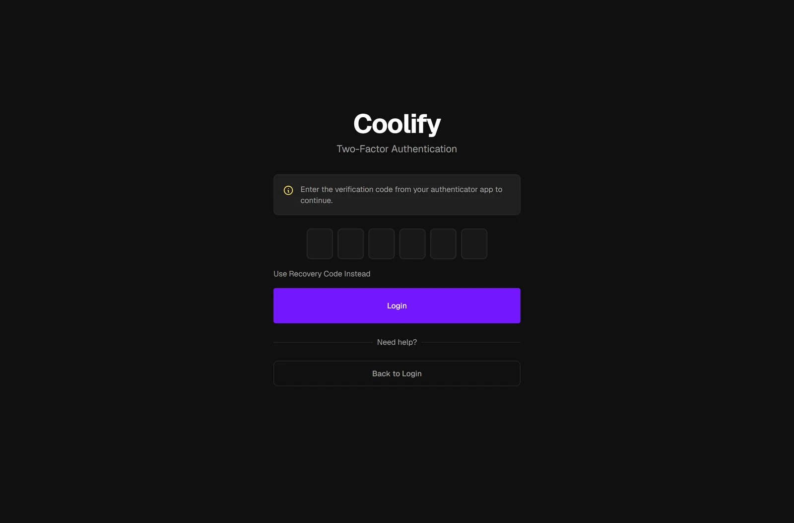 The Coolify two-factor challenge screen at login, asking for the verification code from an authenticator app.