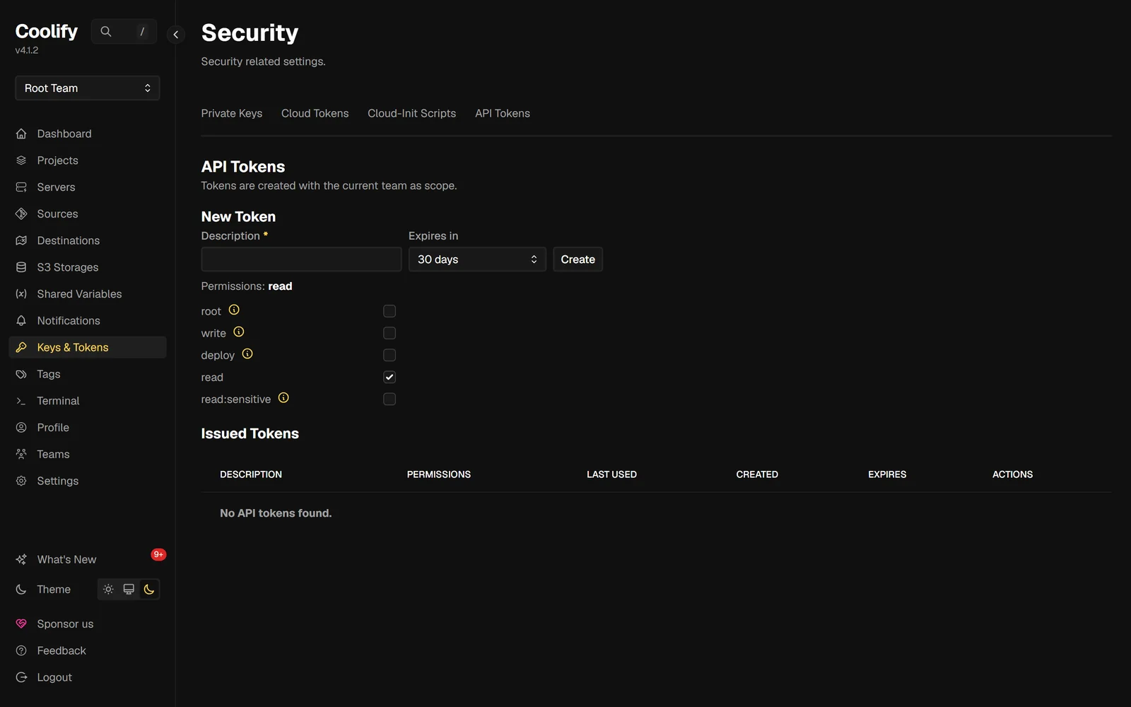 The Coolify API token creation screen showing permission checkboxes: root, read, write, deploy, and read:sensitive.