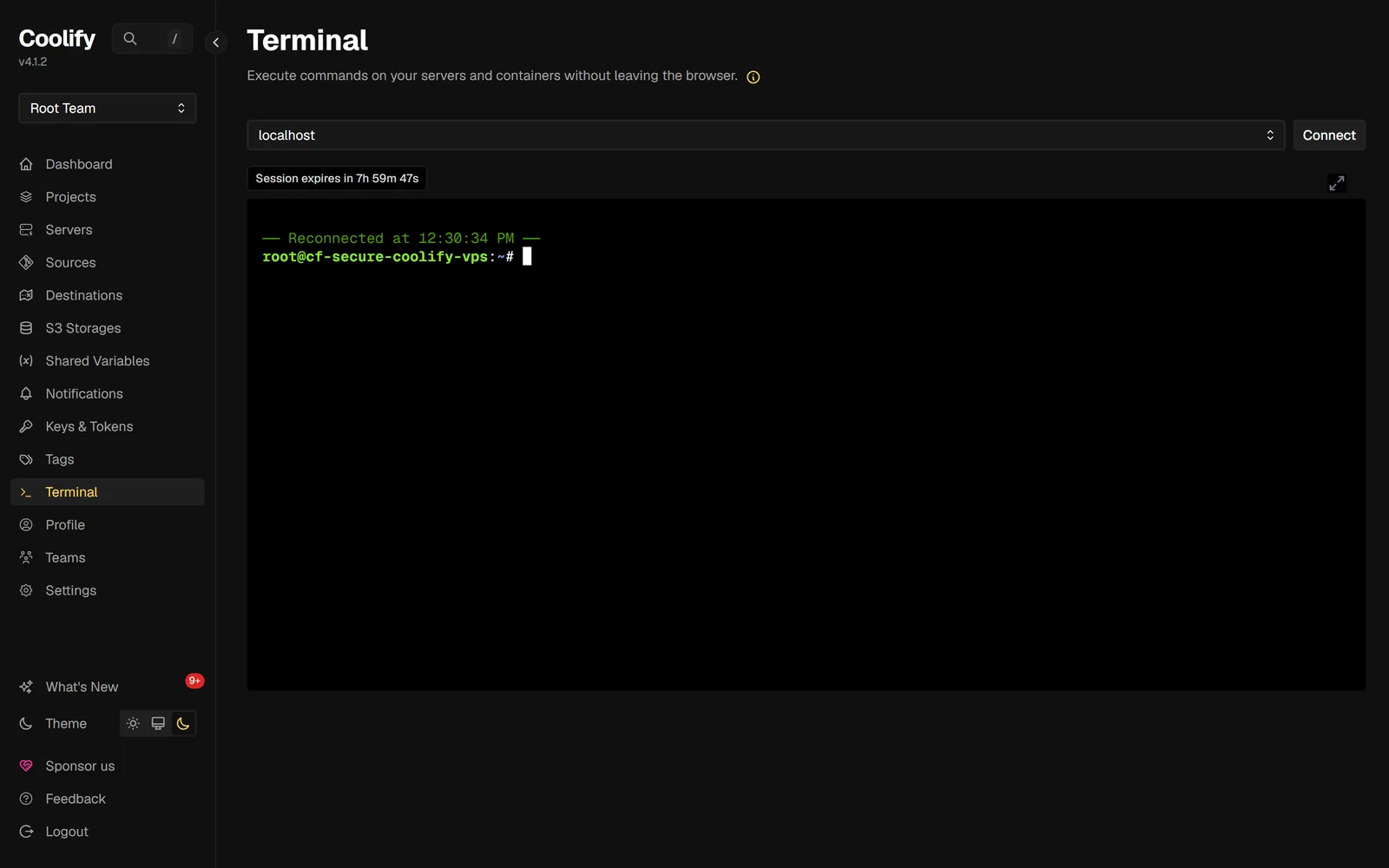 The Coolify web terminal showing a live root shell prompt on the server, with port 6002 closed to the internet.