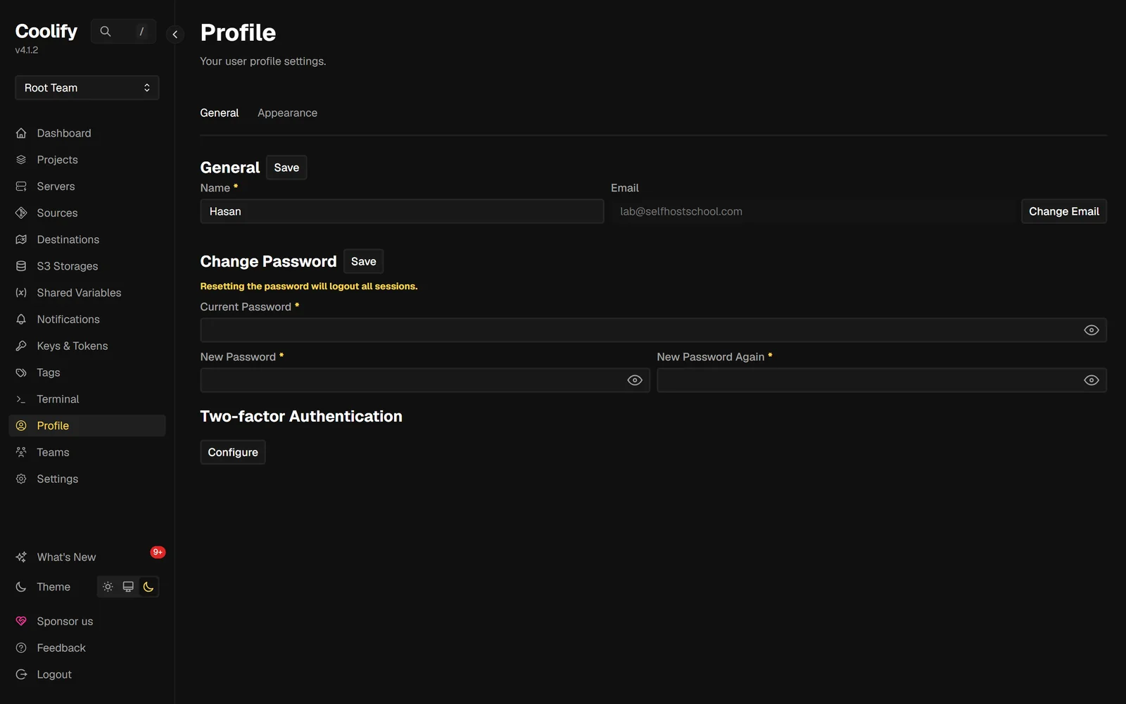 The Coolify Profile page on version 4.1.2 showing a Two-factor Authentication section with a Configure button.
