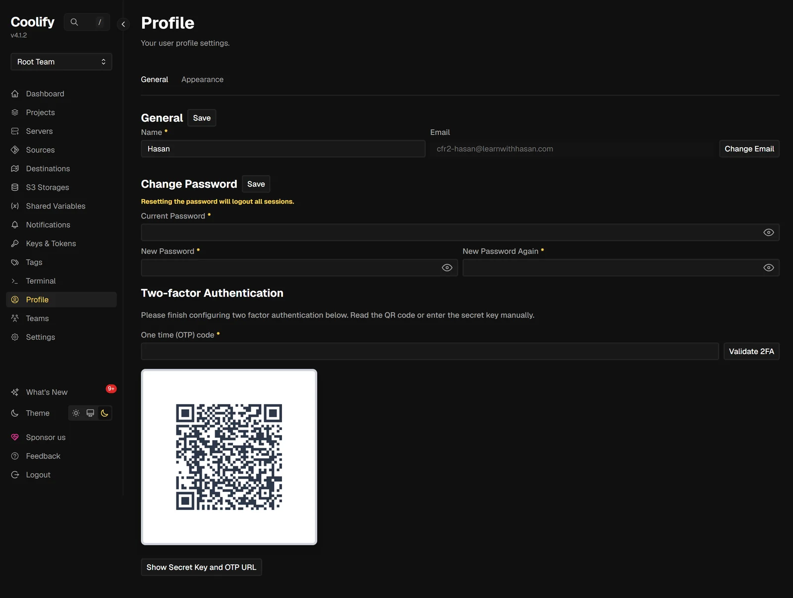 Coolify 4.1.2 Profile page mid-enrollment: a Two-factor Authentication section showing a QR code, a One time (OTP) code field, a Validate 2FA button, and a Show Secret Key and OTP URL button.