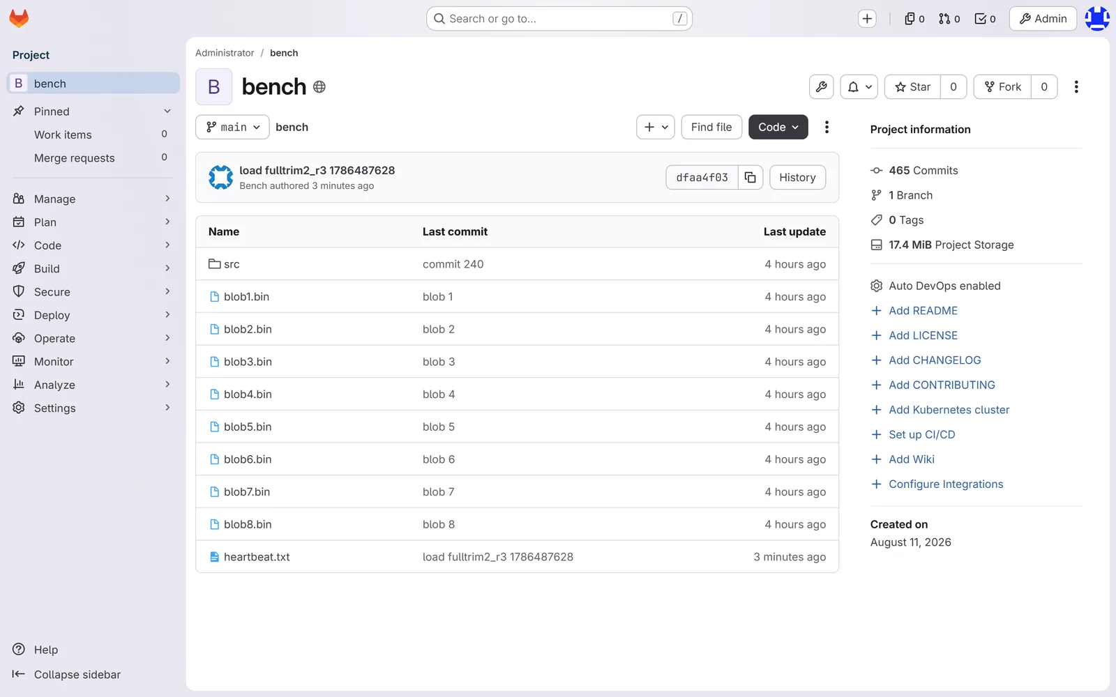 A repository page on the self-hosted GitLab instance showing the bench project at 465 commits with binary blobs and source directories, the last commit named load fulltrim2_r3.