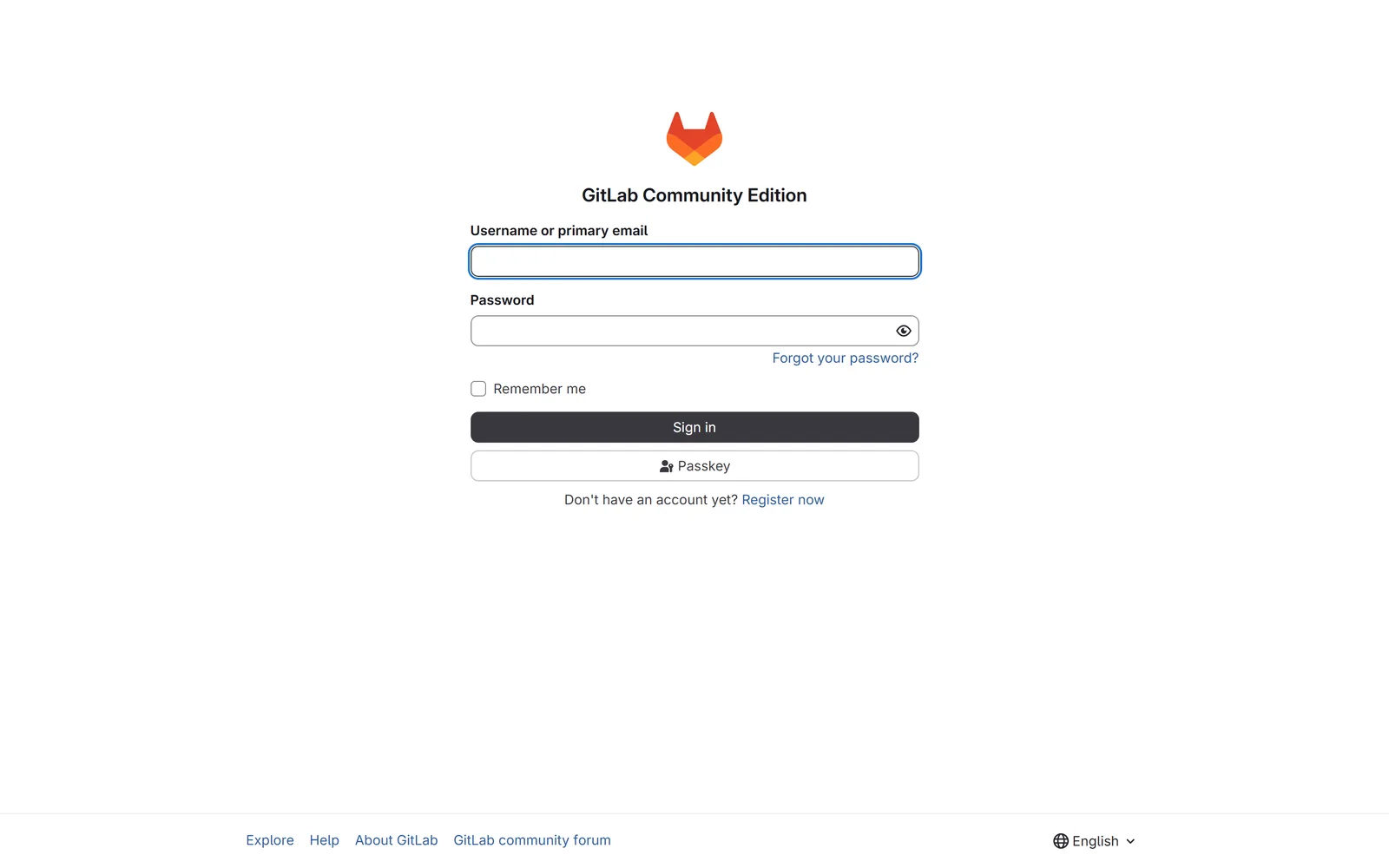GitLab's sign-in page served over HTTPS on a custom domain, showing the username and password form of a fresh Community Edition install.